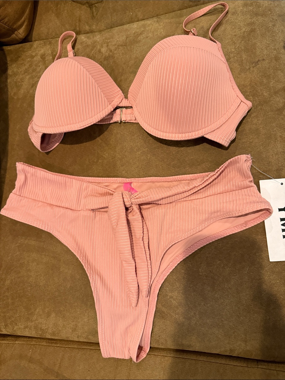 YMI Ribbed Blush Pink Underwire Bikini Set with Tie-Waist Bottom
